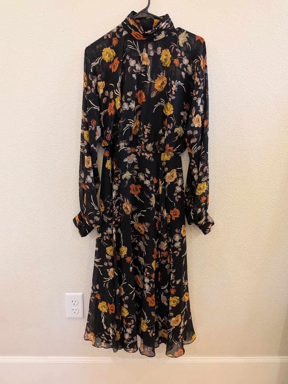 Mikael Aghal Black Floral Maxi Dress with Yellow and Orange Blooms